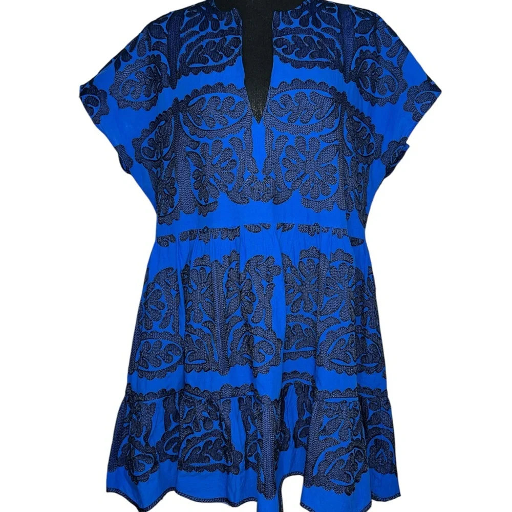 ZARA Blue Embroidered Boho Mini Dress - Size Large‎